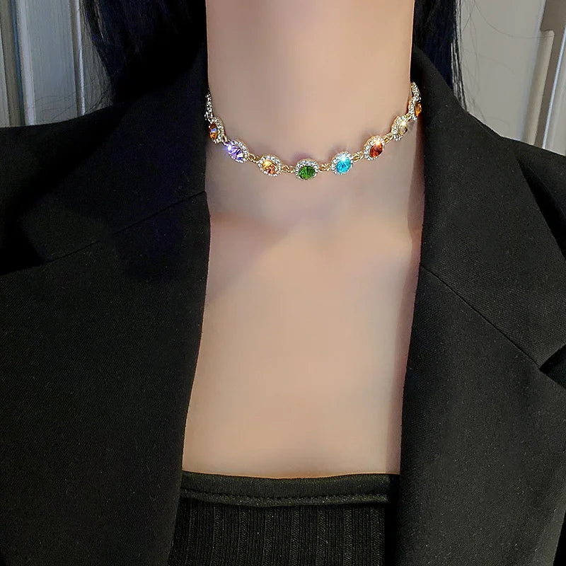 FYUAN Geometric Colorful Crystal Choker Necklaces for Women Clavicle Chain Necklaces Jewelry Bijoux
