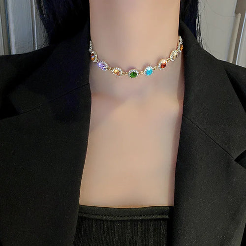 FYUAN Geometric Colorful Crystal Choker Necklaces for Women Clavicle Chain Necklaces Jewelry Bijoux