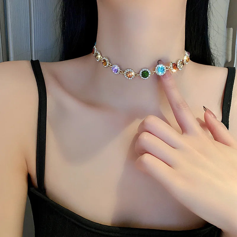 FYUAN Geometric Colorful Crystal Choker Necklaces for Women Clavicle Chain Necklaces Jewelry Bijoux