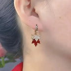 Fashion Rhinestone Red Maple Leaf Earrings For Women Autumn and Winter Crystal Zircon Tassel Earrings Wedding Party Jewelry Gift