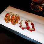 Fashion Red Rose Flower Hoop Earrings for Women Exquisite Elegant Shiny Crystal U-Shaped Ear Buckle Wedding Party Jewelry Gifts