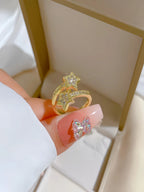 Wedding Aesthetic Jewelry Shiny Zircon Stars Men's And Women's Rings Alloy Dutan Gold Classic Ring Suitable For Men's And Women'