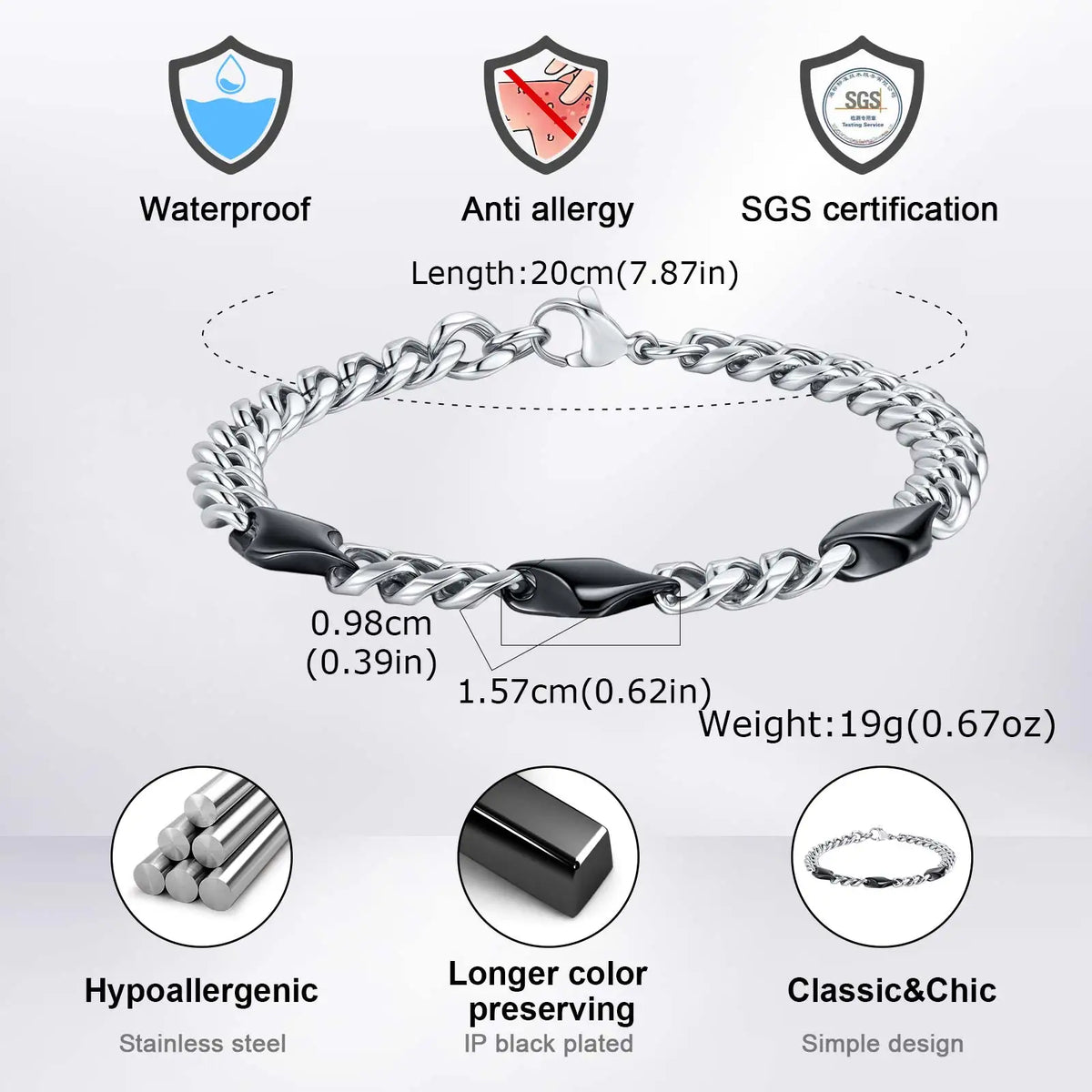 Cool Punk Stainless Steel Chain Bracelet for Men,21CM Silver Color Metal Chain Wristband,Hip Hop Jewelry Gift