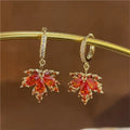 Fashion Rhinestone Red Maple Leaf Earrings For Women Autumn and Winter Crystal Zircon Tassel Earrings Wedding Party Jewelry Gift