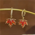 Fashion Rhinestone Red Maple Leaf Earrings For Women Autumn and Winter Crystal Zircon Tassel Earrings Wedding Party Jewelry Gift